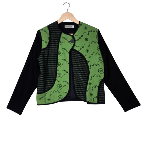 VTG Wool Blend Canvasbacks Jacket S Green Black Mixed Print Art To Wear Boho - Picture 1 of 13